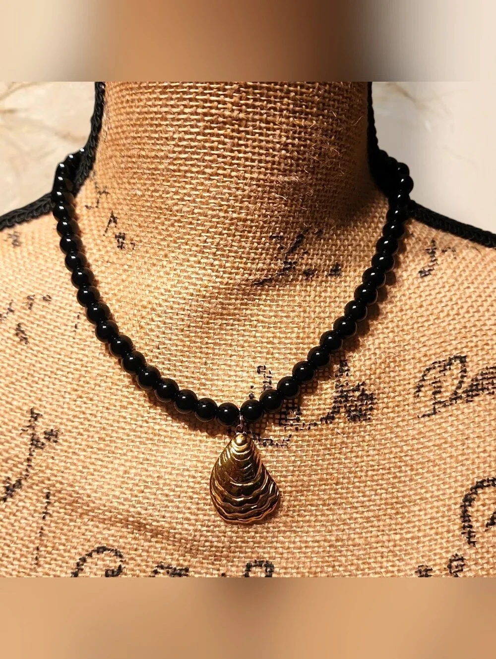 MAYAMAR Black Agate Beaded Gold Shell Pendant Necklace